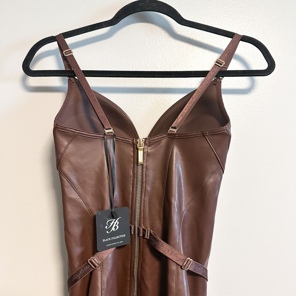 Honey Birdette Emily Deep Mahogany Faux Leather Dress NWT Size XS - Picture 10 of 16